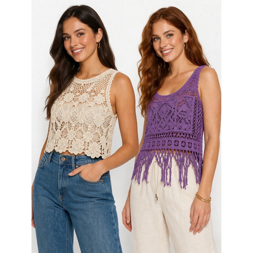 Lot 2 Ultra Pink Active Women Crochet Top Large Boho Fringe Tank Ivory Purple